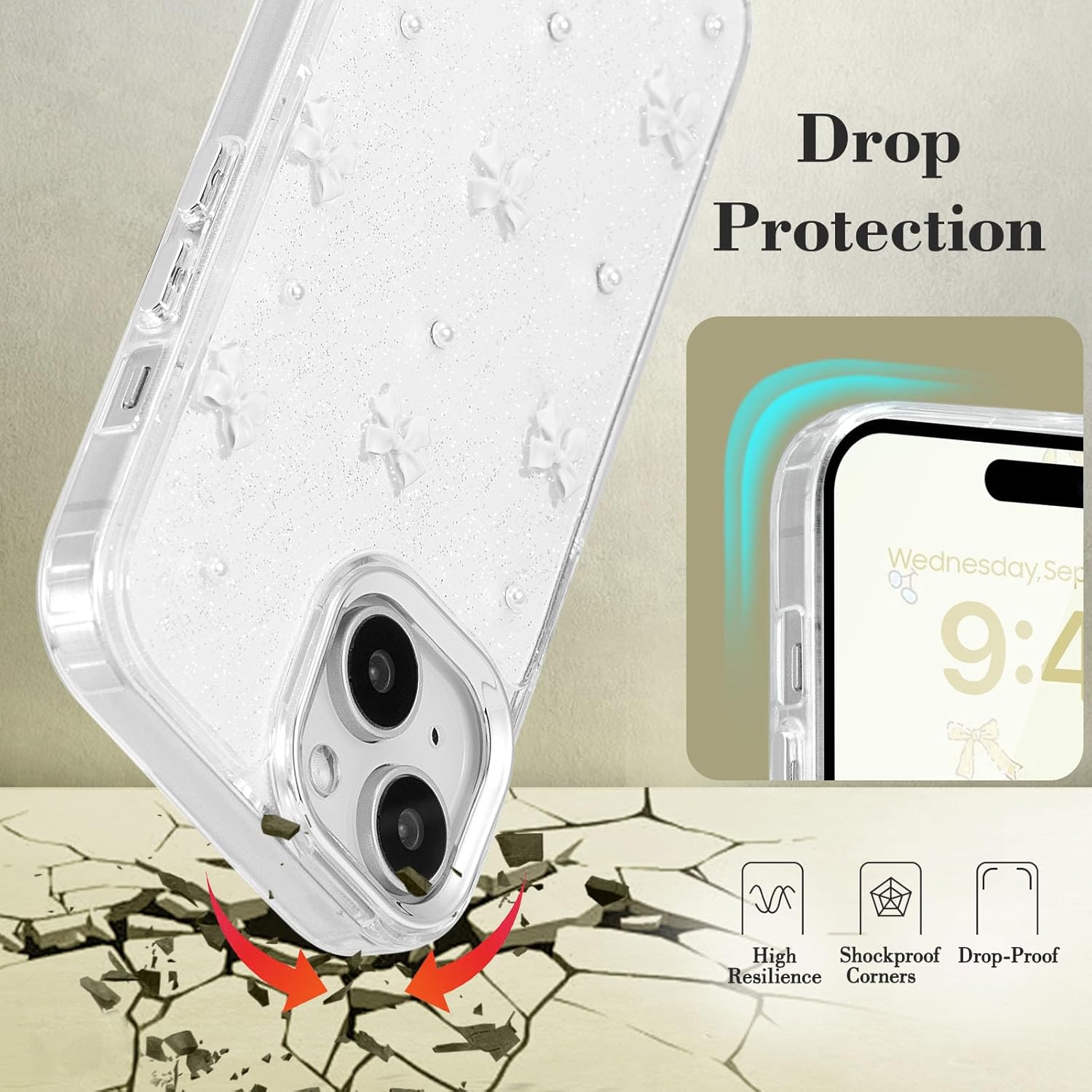 Phone Case Compatible with iPhone 15, Shiny 3D Bowknot Phone Case, Cute Transparent Bowknot, Thin, Soft and Durable, White iPhone 15 - Image 3