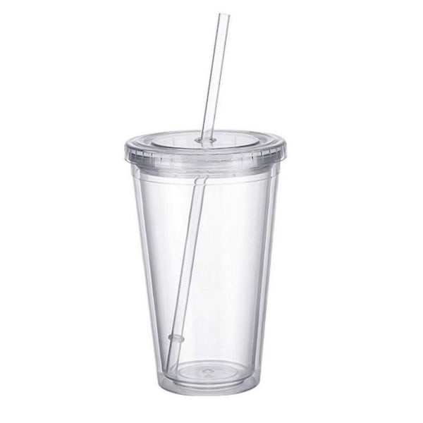 Double-walled plastic mug with lid and straw, insulated coffee mug, 500 ml, transparent – max - Image 1