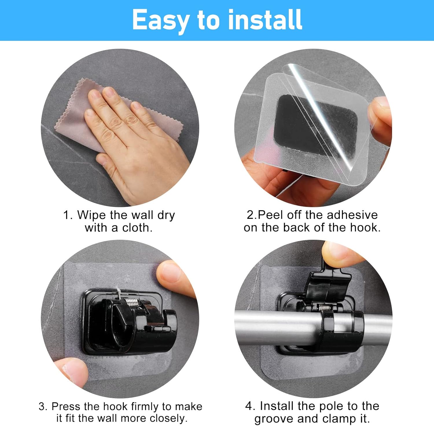 pcs Self-Adhesive Curtain Rod Holders, Nail-Free Adjustable Curtain Rod Brackets, Curtain Rod Wall Mounts (Black) - Image 3