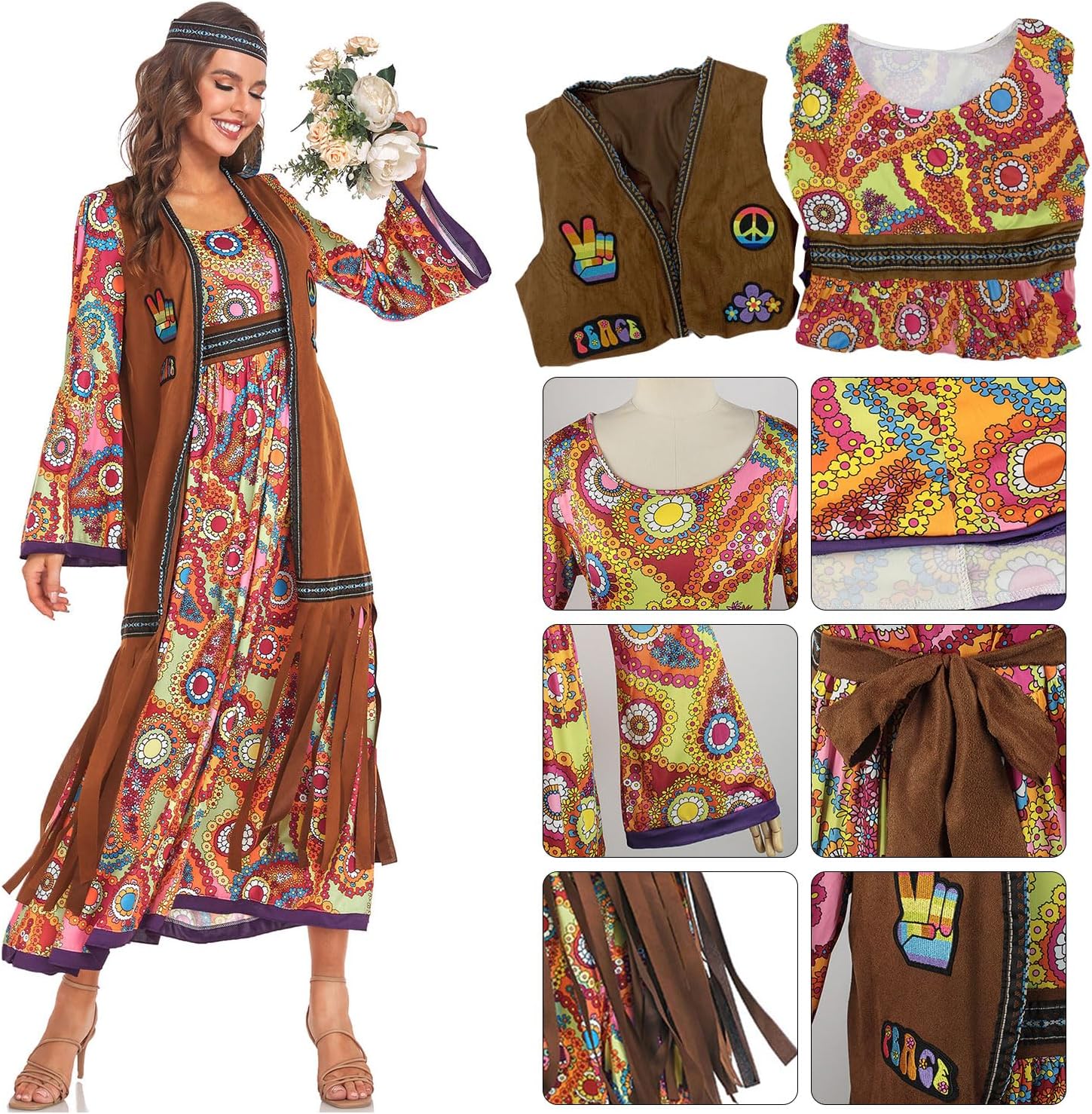60s costume women, hippie women's dress set, 70s disco halloween outfits, hippie clothing women's costume, 60s clothing accessories M - Image 4