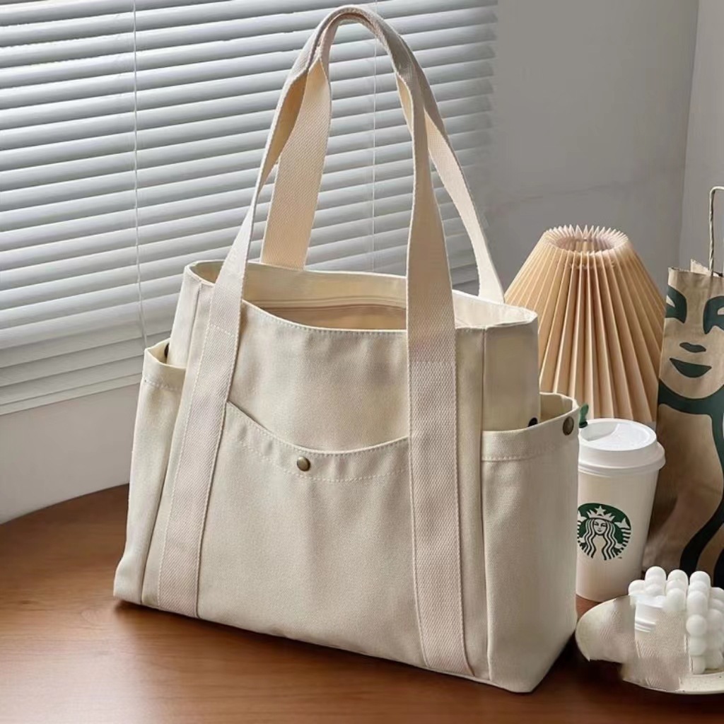 Large Capacity Canvas Tote Bag for Work Travel Carrying Bag College Style Student Outfit Book Shoulder Bag White - Image 1