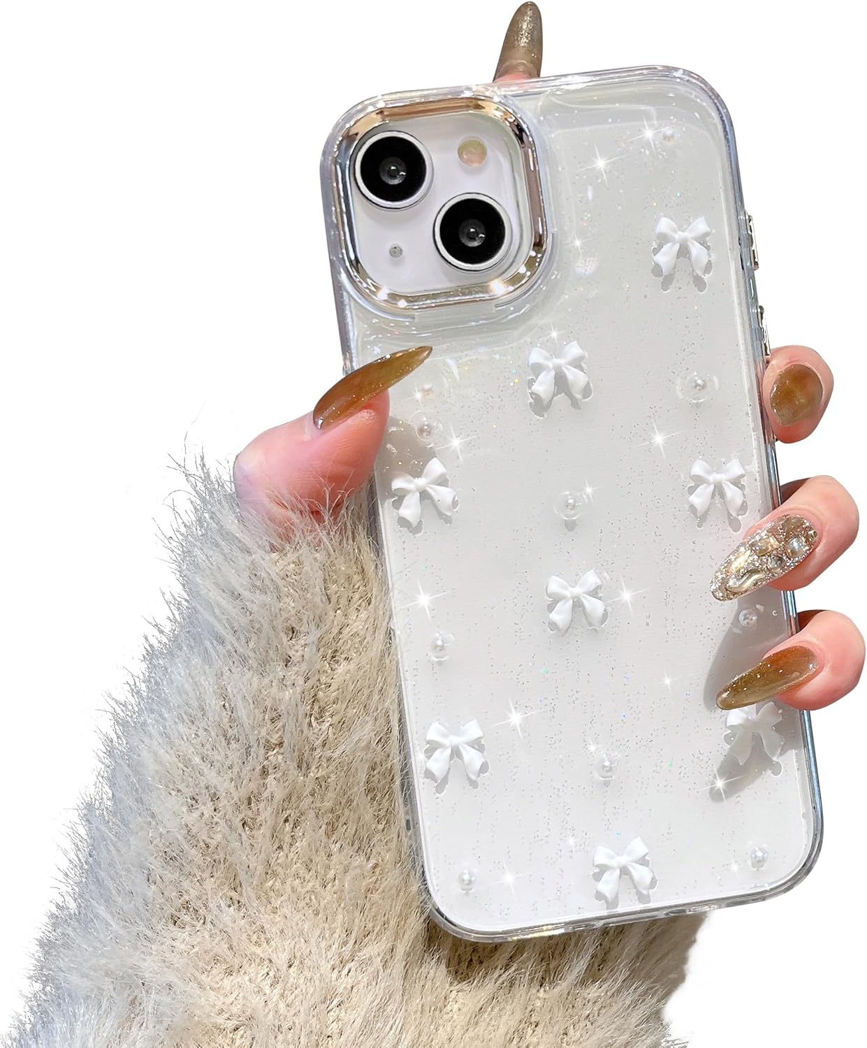 Mobile Case Compatible with iPhone 14 Plus, 3D Bowknot Mobile Case, Cute Transparent Bowknot, Thin, Soft and Durable, White White iPhone 14 Plus - Image 1