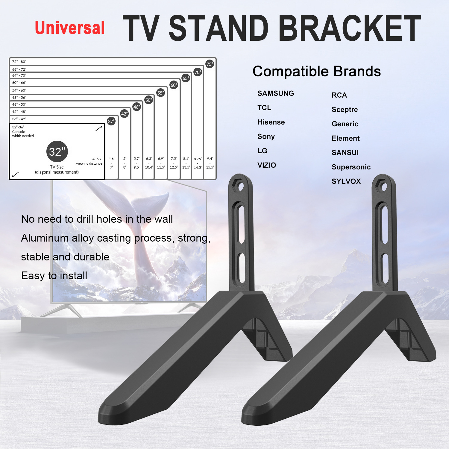 Universal TV Stand with Screws - Easy Installation - Tabletop Stand for Vizio, Samsung, LG, TCL, Hisense - Image 4