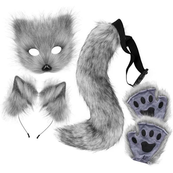 Grey Fox Tail & Cat Ears Costume Set with Gloves for Halloween Cosplay grey - Image 1