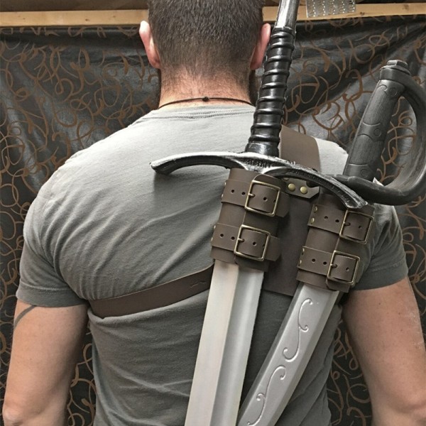 Medieval Wizard Double Back Scabbard Sword Scimitar Set Viking Pirate Warrior Holster Cosplay Brown - Image 1