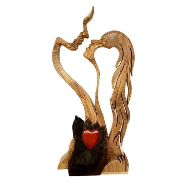Romantic Abstract Statue Love Heart Kissing Couple Wooden Figures Sculpture - Image 1