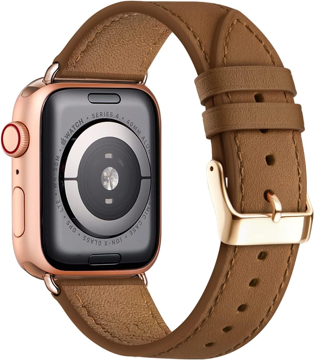 Apple Watch Leather Strap, Genuine Leather Replacement Band for Apple Watch Series 9 8 7 6 5 4 3 2 1 & iWatch SE, Ultra (38mm 40mm 41mm, Brown) Brown - Image 1