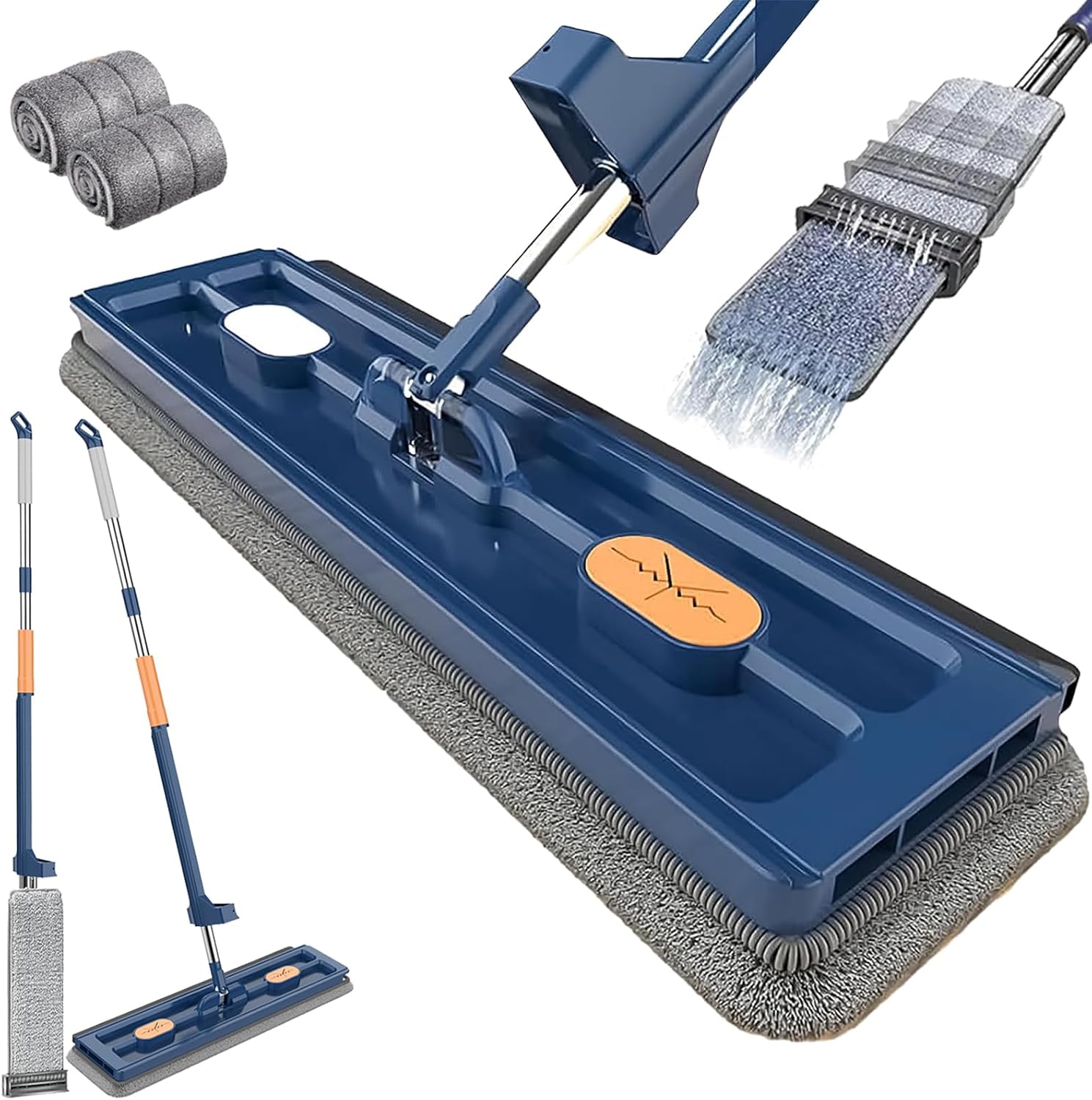 Large Flat Mop with 360° Rotatable Wringing Function, Microfiber Pads for Hardwood Blue + 2 rags - Image 1