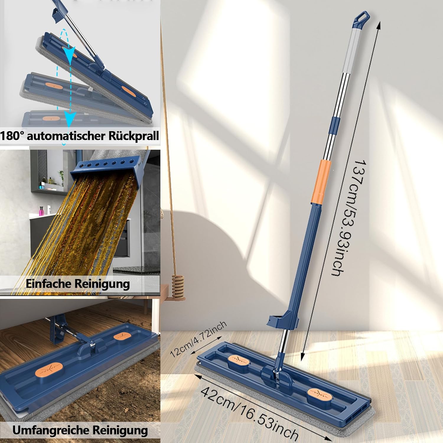 Large Flat Mop with 360° Rotatable Wringing Function, Microfiber Pads for Hardwood Blue + 2 rags - Image 4
