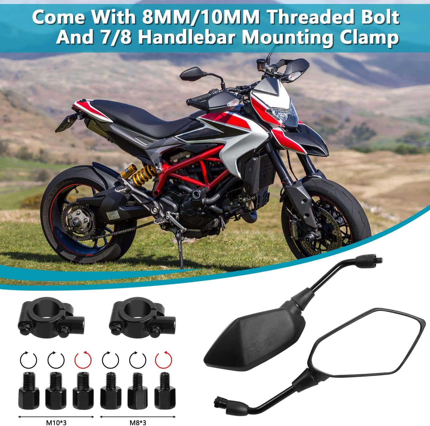 Motorcycle mirror, pair of universal rearview mirrors, suitable - Image 3