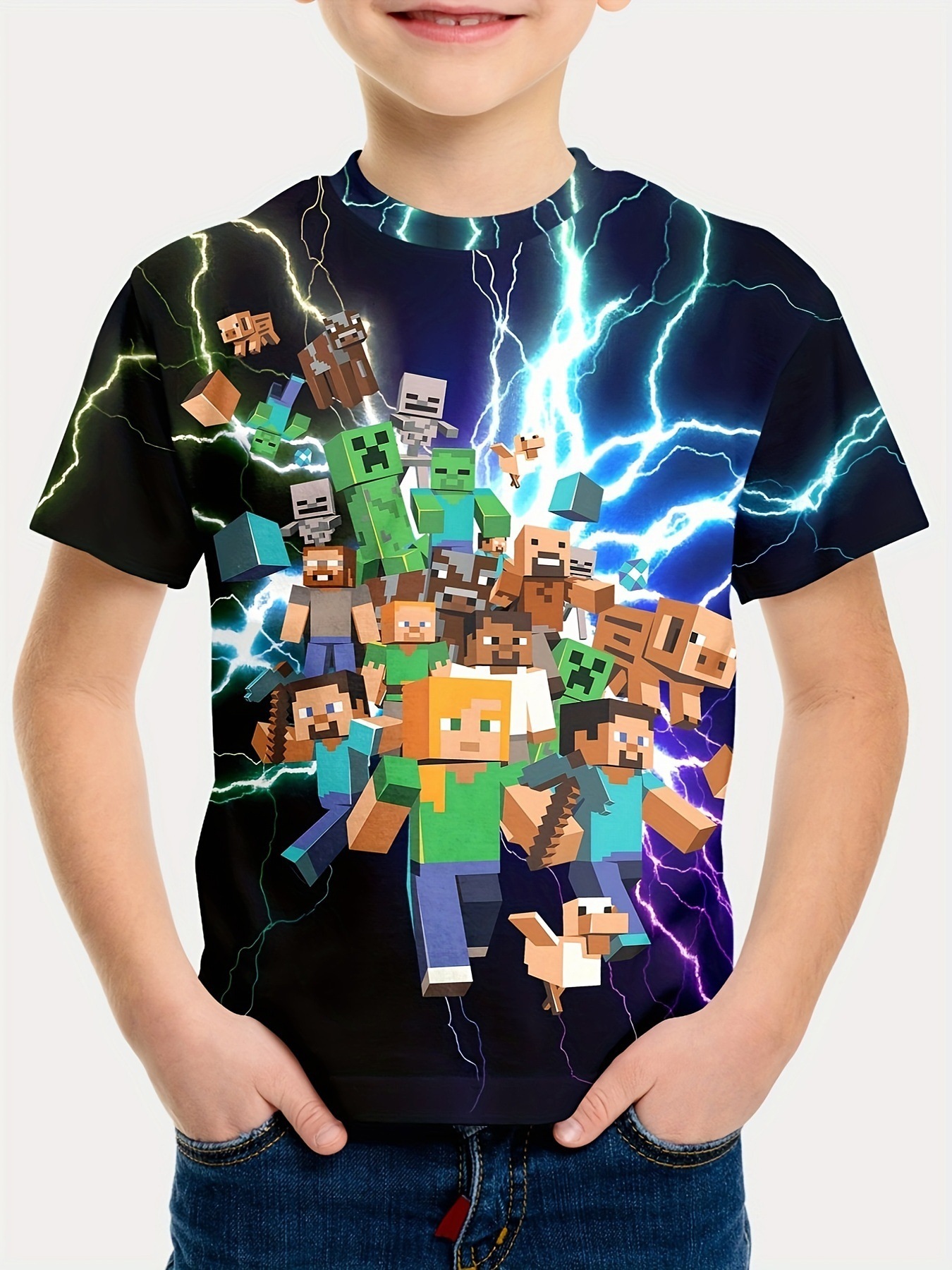 Minecraft T-shirt for boys and girls, cute pattern design, cartoon print, round neck, funny short sleeve top, casual spring summer children G 140cm - Image 1