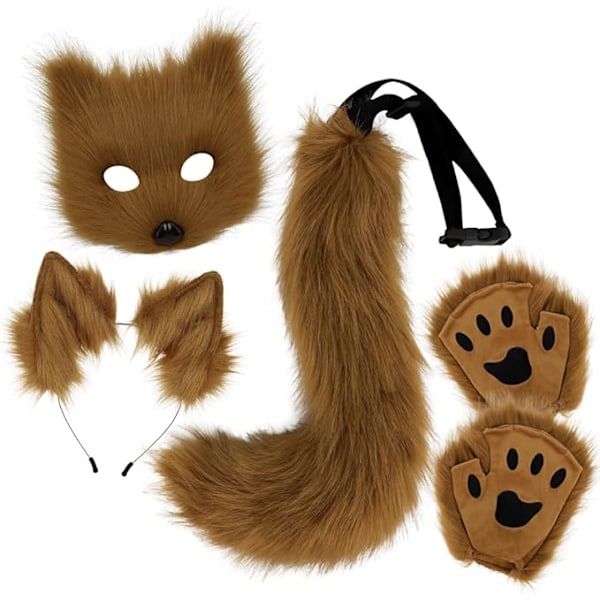 Plush mask with fox tail and ears set, cat tail fox costume cosplay costume with cat ears and paw gloves halloween cosplay brown High quality () brown - Image 1