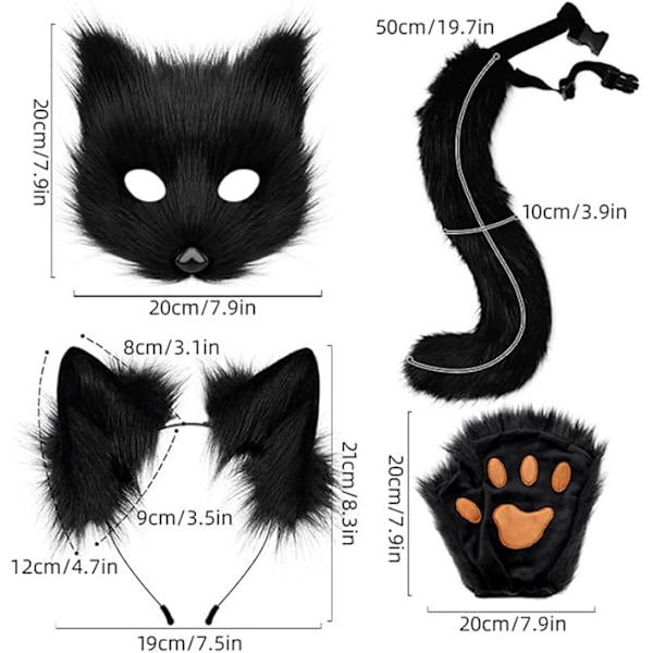 Plush mask with fox tail and ears set, cat tail fox costume cosplay costume with cat ears and paw gloves halloween cosplay brown High quality () brown - Image 2