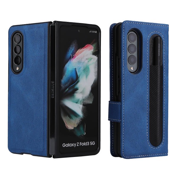 Full Protective Magnetic Leather Case Compatible with Samsung Galaxy Z Fold 3 with Card Slot Stand. Blue - Image 1
