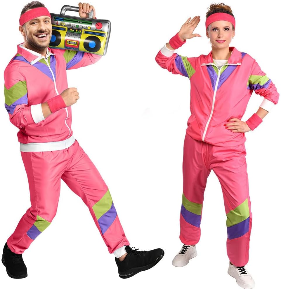 80s Fashion Height Shell Jacket Costume, 80s Fancy Dress Men Women with Headband Bracelet, 1980s Disco Fancy Dress red-XL - Image 1