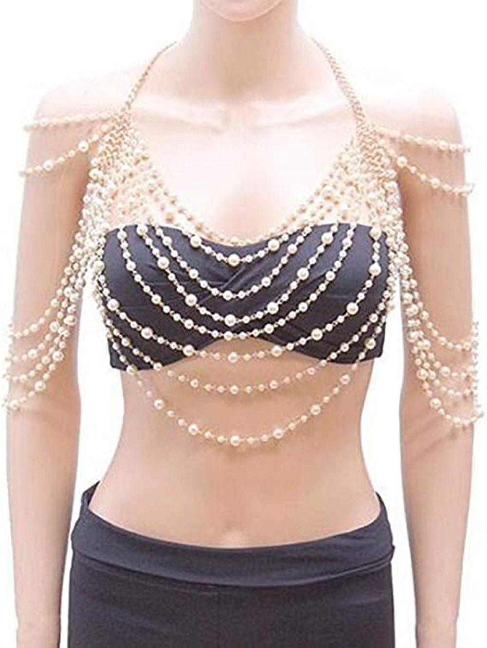 Sexy Body Chain, Multi-layer Pearl Necklace for Back, Waist, Beach Bikini, Fashion, Backless Dress, Strap, Bridal Jewelry (Gold) - Image 1