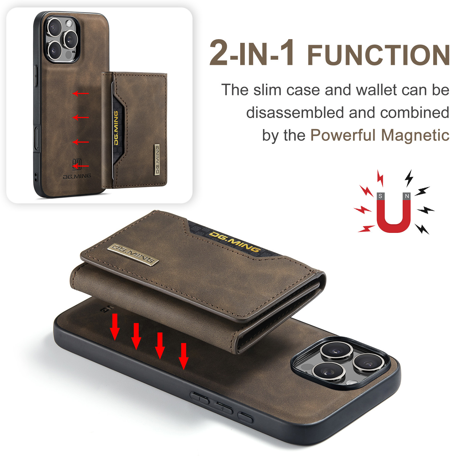 High-quality magnetic iPhone case with card pocket, magnetic split mobile phone case Combination-Coffee Combination-Coffee Combination-Coffee IP16 Pro - Image 3