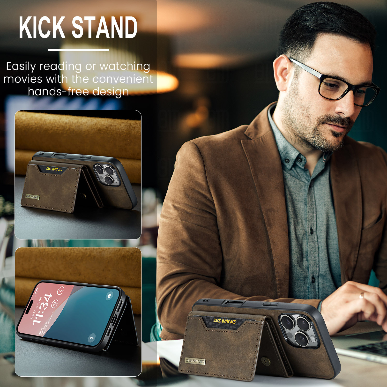 High-quality magnetic iPhone case with card pocket, magnetic split mobile phone case Combination-Coffee Combination-Coffee Combination-Coffee IP16 Pro - Image 4