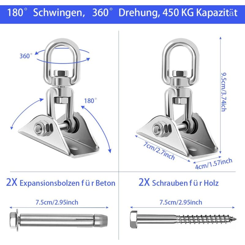 Ceiling Mount Hanging Chair Spring, Hammock Hanging Hooks Kit Stainless Steel 360° Rotation Ceiling Mount up to 450 kg - Image 3