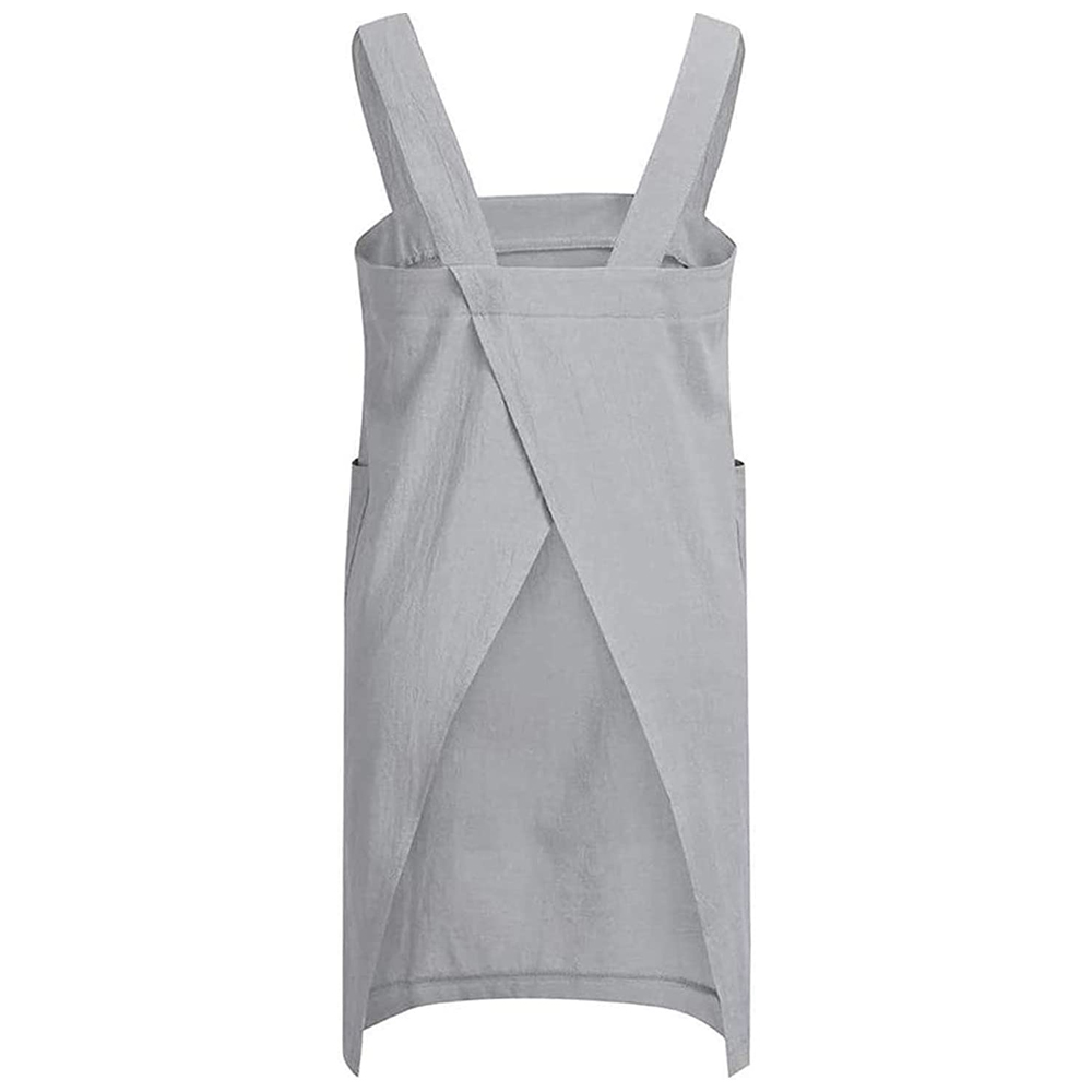 Women's Cotton and Linen Apron with Cross Back and Large Pocket, Gray, M - Image 2