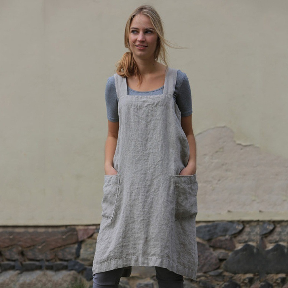 Women's Cotton and Linen Apron with Cross Back and Large Pocket, Gray, M - Image 5