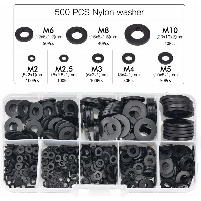 500pcs Black Plastic Washers Lock Washers Fasteners, Self-Locking Washer Assortment Mechanical Washer M2.5 M3 M4 M5 M6 M8 M10 - Image 1