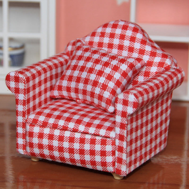 Country style armchair mini sofa dollhouse miniature sofa and set wooden simulation furniture girls' favorite gift Red sunrise check - Image 1