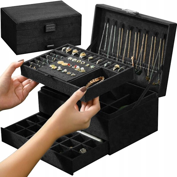 Black Jewelry Box with Key Lock and Multiple Compartments Black—yux - Image 1