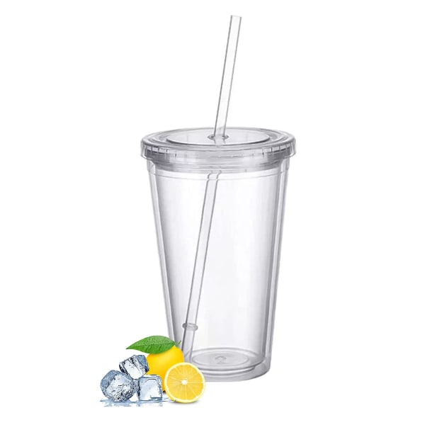 Reusable Plastic Cups Double Walled Transparent Drinking Cup with Straw Reusable Cups Suitable for Fruit Juice-max - Image 1