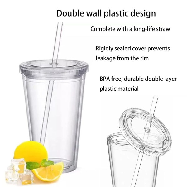 Reusable Plastic Cups Double Walled Transparent Drinking Cup with Straw Reusable Cups Suitable for Fruit Juice-max - Image 3