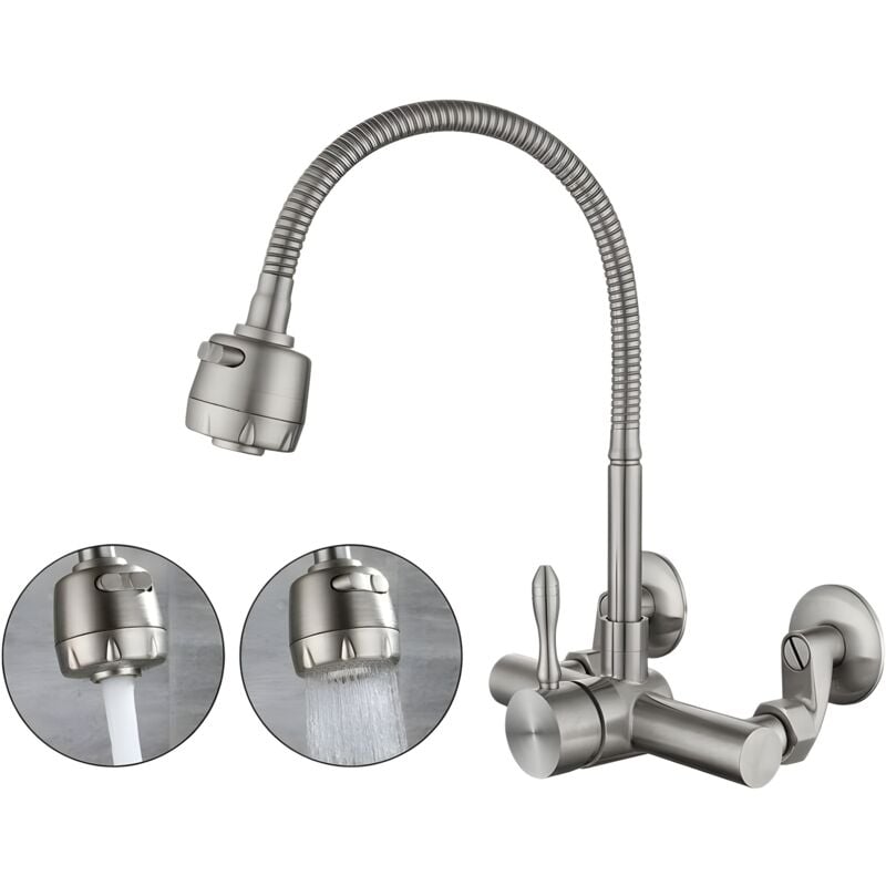 Wall Mounted Kitchen Faucet, Food Grade 304 Stainless Steel Material, 360° Rotatable Wall Mounted Kitchen Faucet 12CM-18CM Mounting Hole - Image 1