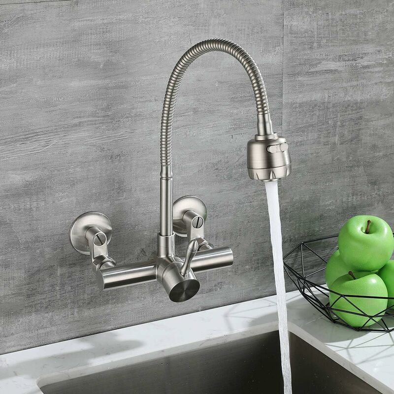Wall Mounted Kitchen Faucet, Food Grade 304 Stainless Steel Material, 360° Rotatable Wall Mounted Kitchen Faucet 12CM-18CM Mounting Hole - Image 2