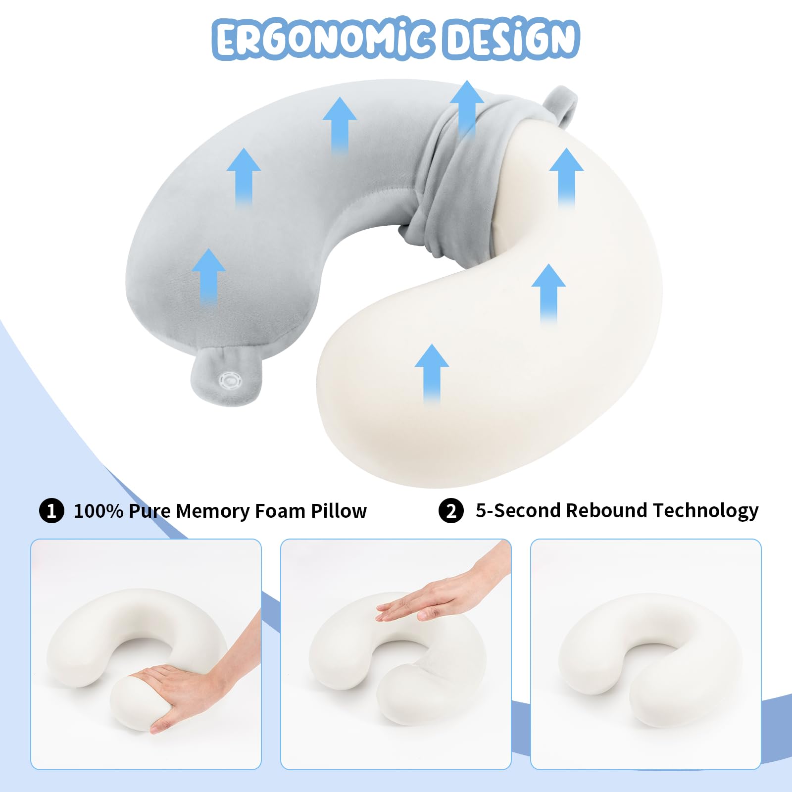 Travel Pillow Neck Pillow Memory Foam Travel Pillows Head Support Pillow for Airplane Train Car Office Travel Essential Flight Pillow (Gray) Gray - Image 3