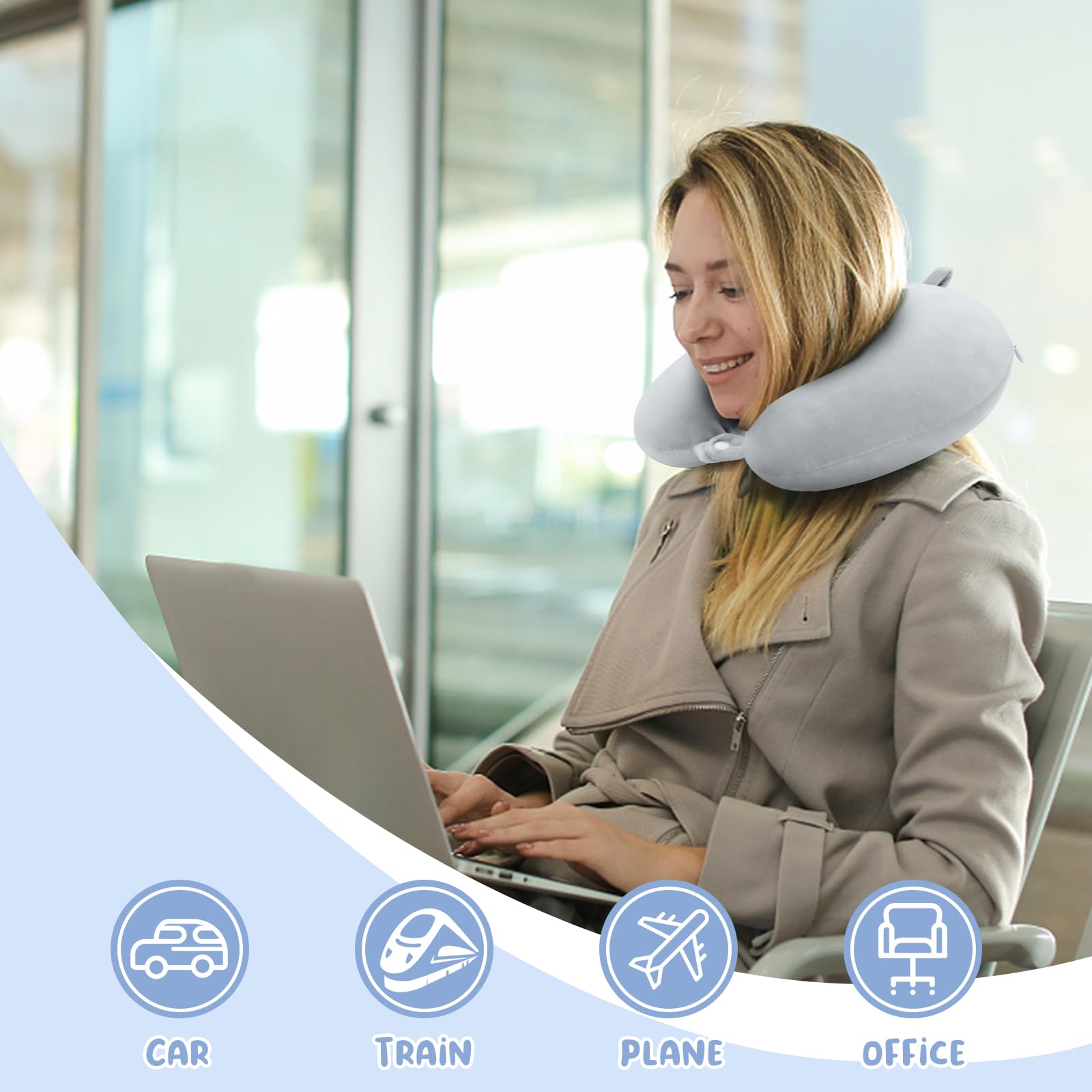 Travel Pillow Neck Pillow Memory Foam Travel Pillows Head Support Pillow for Airplane Train Car Office Travel Essential Flight Pillow (Gray) Gray - Image 5
