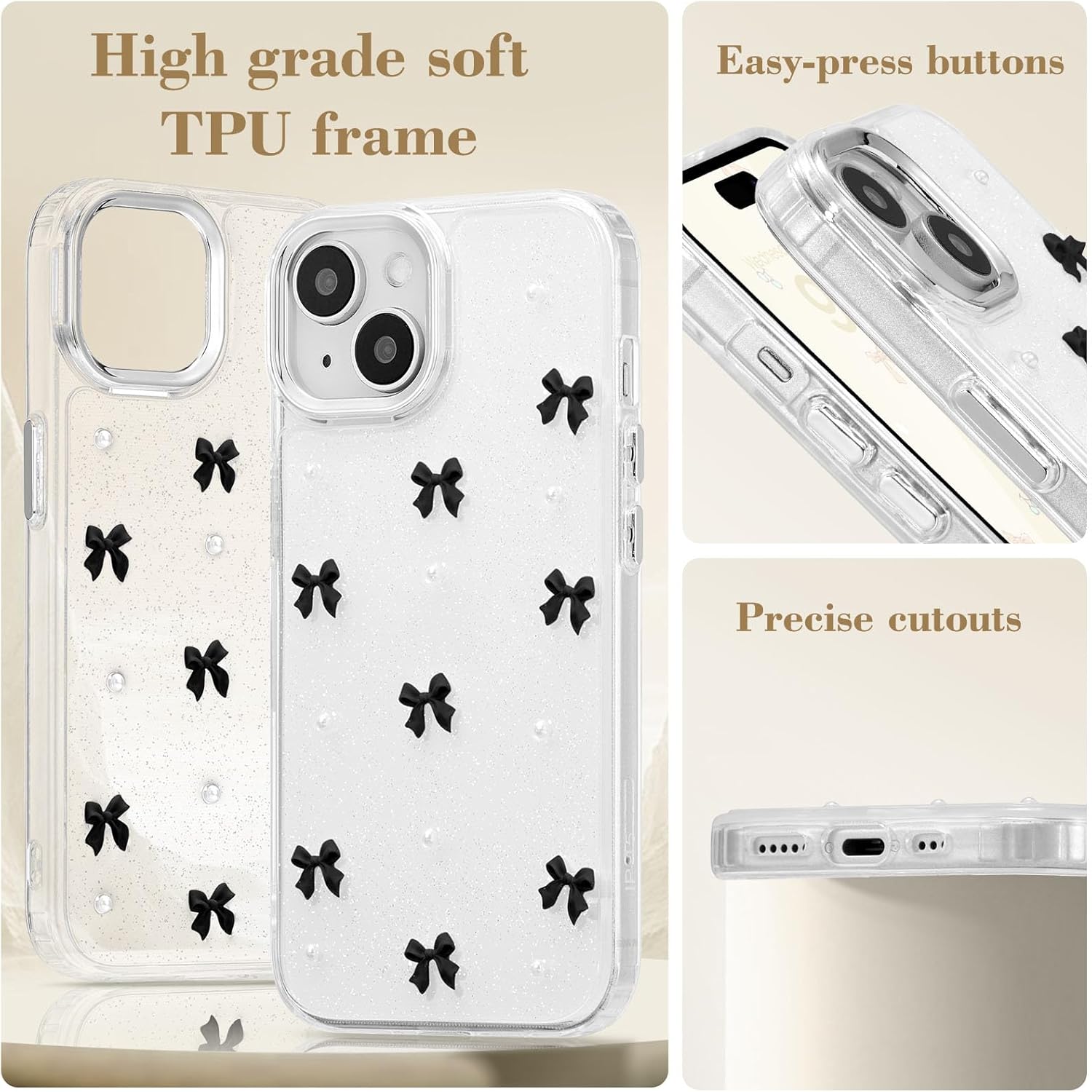 Compatible with iPhone 15 Plus, Bling Glitter 3D Bowknot Phone Case Cute Sparkly Crystal Clear Bowknot Slim Soft Durable Protective Case Black iPhone 15 Plus - Image 4