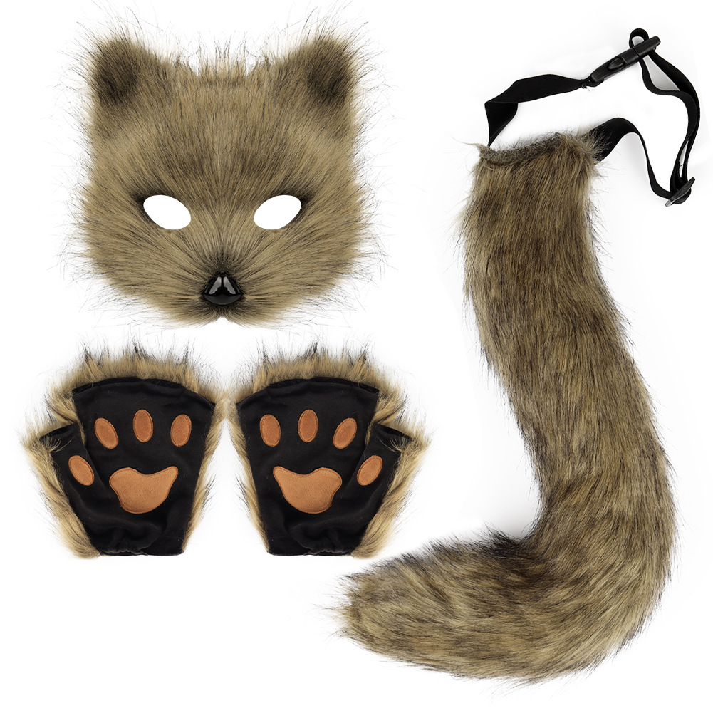 Artificial Fur Fox Tail Cat Werewolf Cosplay Costume Set Plush Mask Fluffy Paws Gloves Halloween Christmas Grass yellow One Size - Image 1