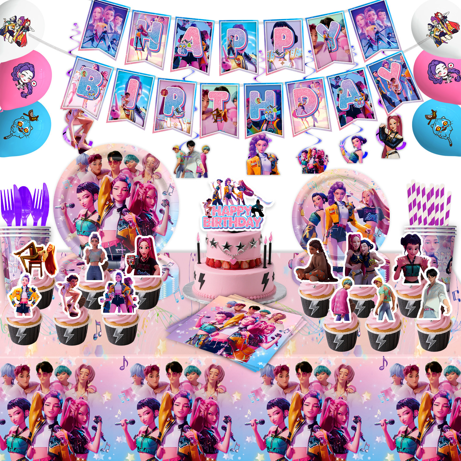 K-pop Demon Hunters Birthday Party Decorations Set - Banner, Cake Topper, Balloons for Kids Theme Celebration{EE} Style 4 - Image 1
