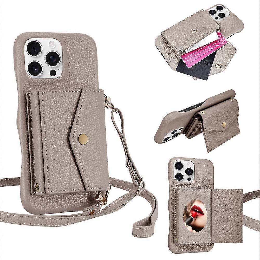 Horizontal Card Pocket Phone Case in Litchi Texture with Long Cord Grey Grey For iPhone 14 Pro - Image 1
