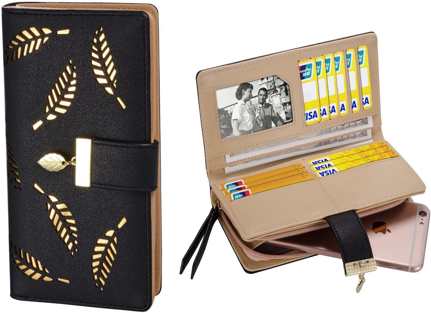 Women's Large Capacity Long Wallet, Hollow Leaf Wallet, Black - Image 3