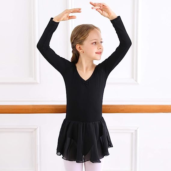 Ballet dress for girls with long sleeves and tulle skirt in black Black_jarx Black 130 cm - Image 2