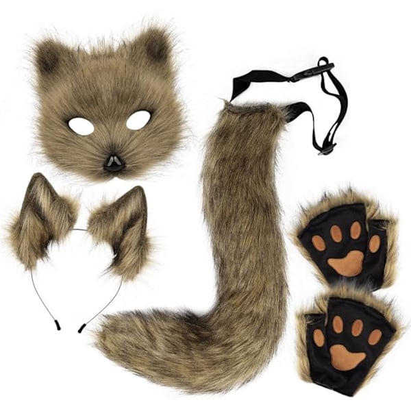 Plush mask with fox tail and ears set, cat tail fox costume cosplay costume with cat ears and paw gloves halloween cosplay green High quality () green - Image 1