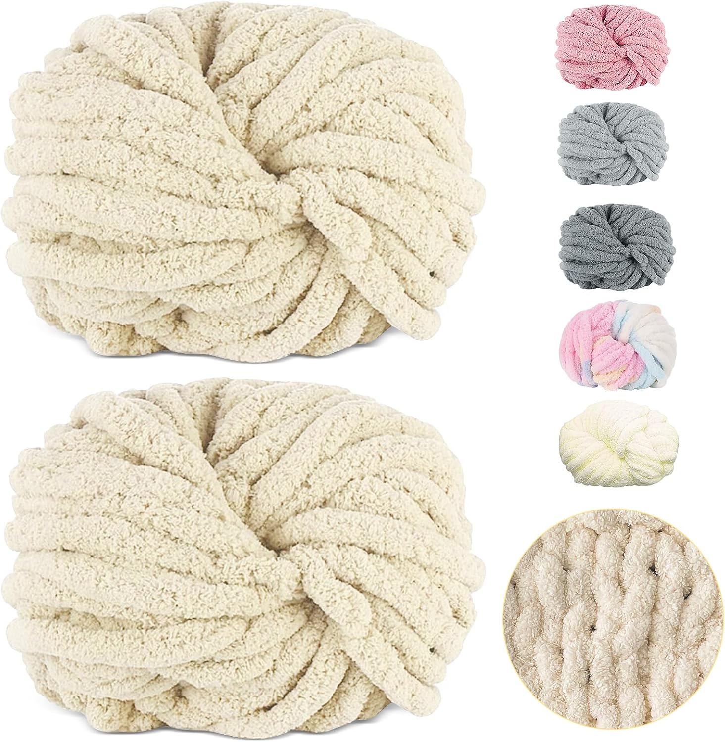500g (250gx2) Chunky Yarn Ball approx 54m Chenille Chunky Fur Yarn Soft Wool Chunky Yarn Soft Knitting Yarn for Crochet Blankets Scarves Hats beige beige - Image 1