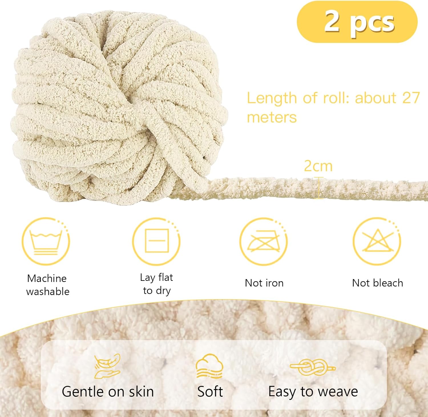 500g (250gx2) Chunky Yarn Ball approx 54m Chenille Chunky Fur Yarn Soft Wool Chunky Yarn Soft Knitting Yarn for Crochet Blankets Scarves Hats beige beige - Image 2