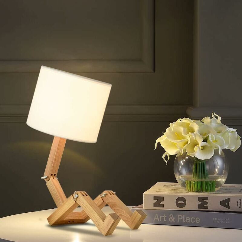Creative Robot Desk Lamp, Adjustable Can Place Books Wooden Bedside Lamp with Fabric Lampshade E27 Screw for Decorative Lighting [Energy Class A] NPTERBL - Image 3