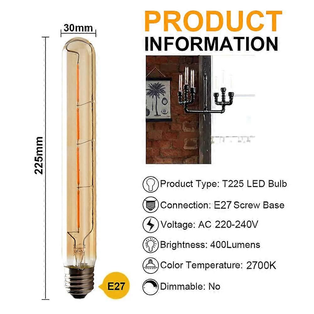5-pack T225 Long Tube Bulbs, LED Edison Filament, 4W E27 Socket Warm White, Yellow Glass for Decorative Light Bulb, AC 220-240V—yux - Image 2