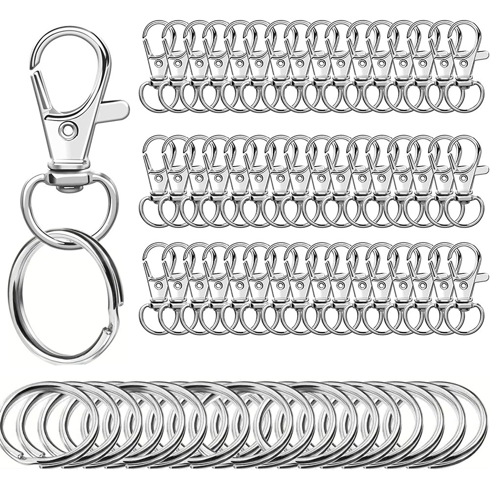 Small Stainless Steel Keychains, 100pcs Carabiner Keychains, DIY, DIY Ring, Button Lock, (Silver) - Image 1