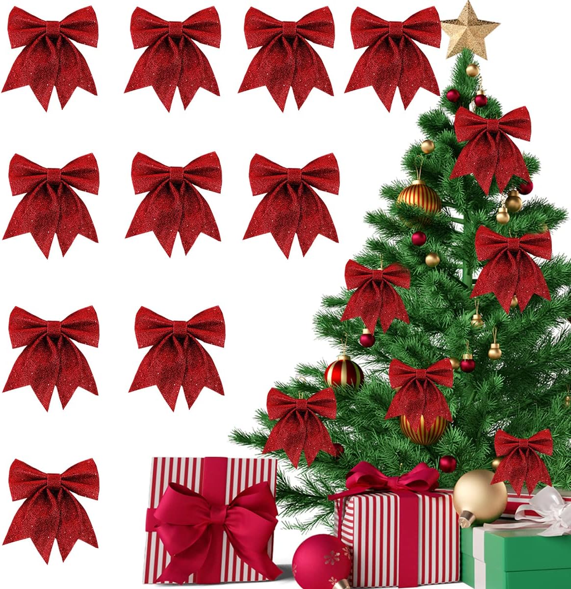 |NN| Christmas red bow, 10 pieces of red Christmas tree bows, Christmas tree decoration - Image 1