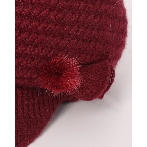 Winter Hat for Women, Fleece Lined, Floral Knitted Hat, Ladies Beret Hat with Brim, Cloche Hat, Thermal Hat, Ladies Wool Hats, Red - Image 5
