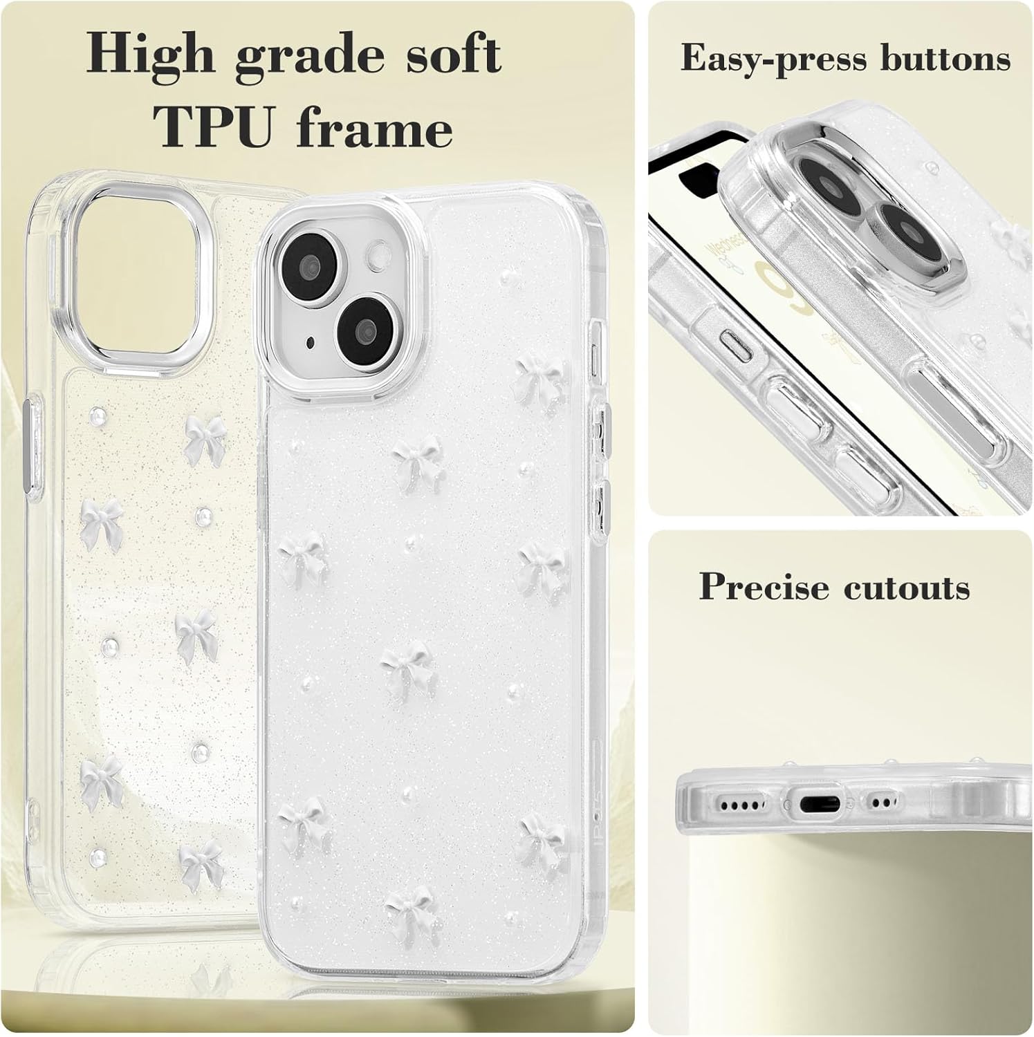 Compatible with iPhone 15 Plus, Bling Glitter 3D Bowknot Phone Case Cute Sparkly Crystal Clear Bowknot Slim Soft Durable Protective Case White iPhone 15 Plus - Image 4