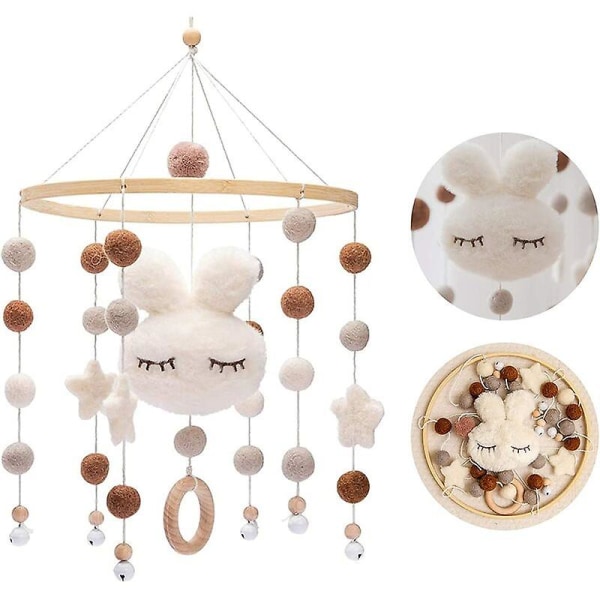 Baby with Felt Ball Hanging Nursery Rabbit Wind Chime Crib Mobile (White) - Image 1